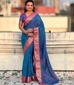 Blue color graceful soft silk fabric woven designer saree