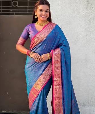Blue graceful soft silk blend woven saree 3