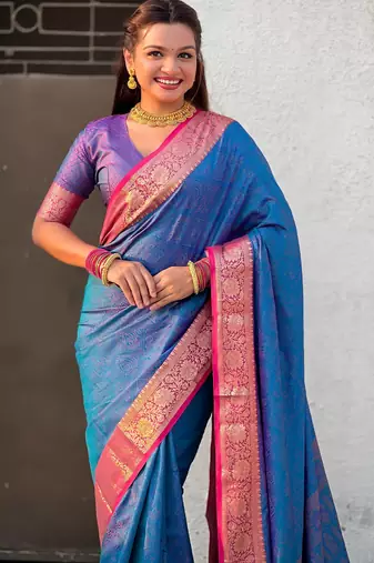 Blue graceful soft silk blend woven saree