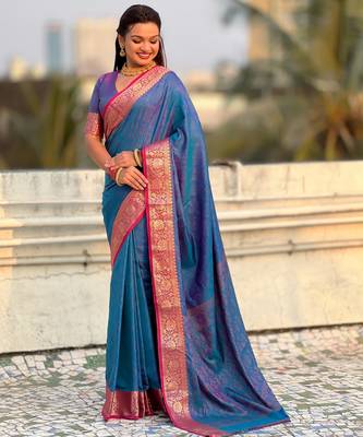 Blue graceful soft silk blend woven saree 4