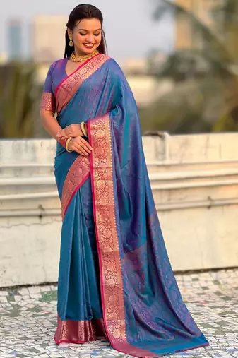 Blue graceful soft silk blend woven saree