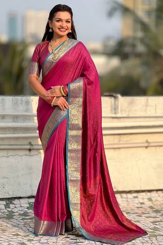 Pink color graceful soft silk fabric woven designer saree
