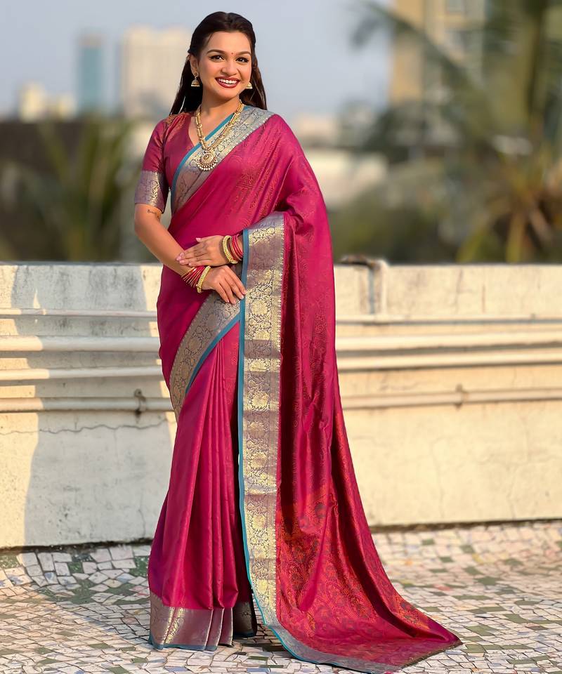 Pink color graceful soft silk fabric woven designer saree