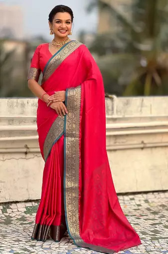 Pink color graceful soft silk fabric woven designer saree