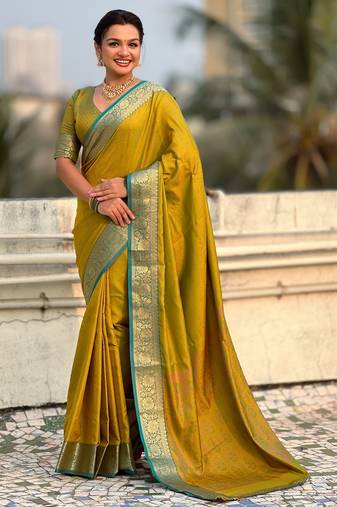 Mahendi color graceful soft silk fabric woven designer saree