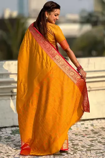 Mustard graceful soft silk blend woven saree