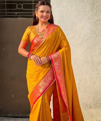 Mustard graceful soft silk blend woven saree 3