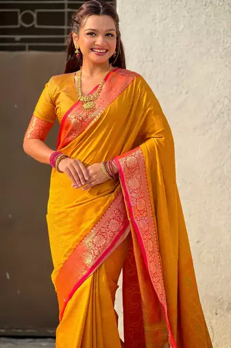 Mustard graceful soft silk blend woven saree