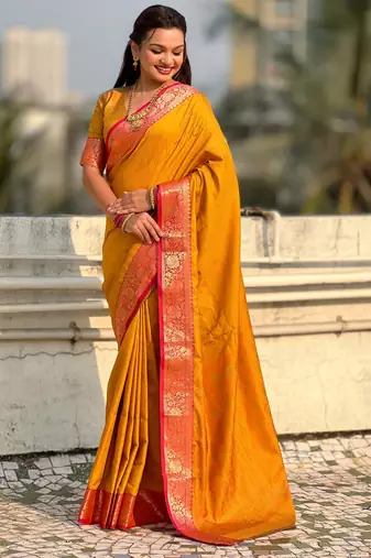 Mustard graceful soft silk blend woven saree