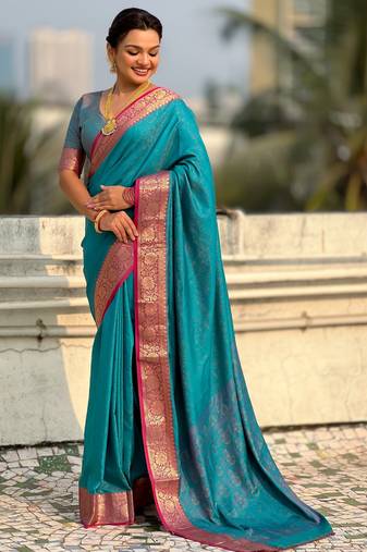 Sky blue color graceful soft silk fabric woven designer saree