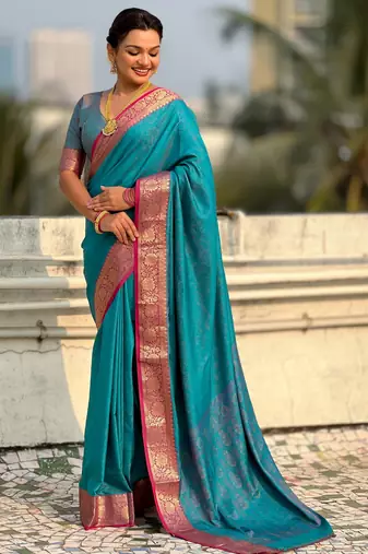 Sky blue color graceful soft silk fabric woven designer saree