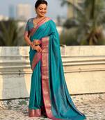 Sky blue color graceful soft silk fabric woven designer saree
