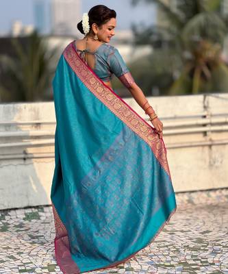 Sky blue graceful soft silk blend woven saree 2