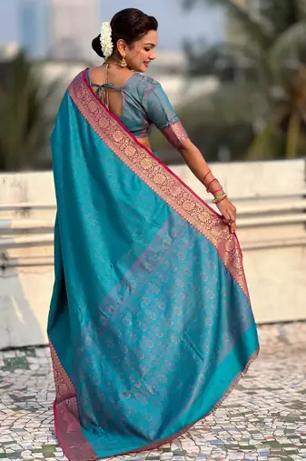 Sky blue graceful soft silk blend woven saree
