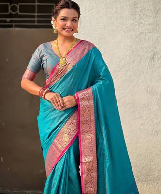 Sky blue graceful soft silk blend woven saree 3