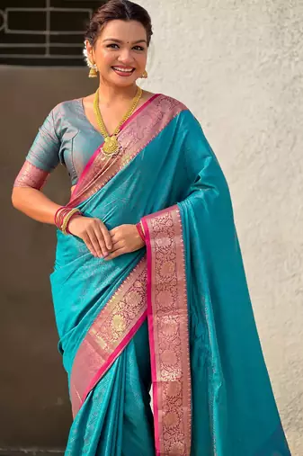 Sky blue graceful soft silk blend woven saree