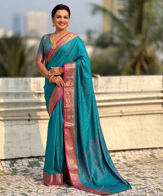 Sky blue graceful soft silk blend woven saree 4