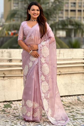 Lavender color oris silk fabric lotus embroidered beautiful fancy saree