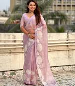 Lavender color oris silk fabric lotus embroidered beautiful fancy saree