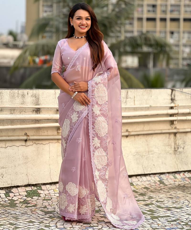 Lavender color oris silk fabric lotus embroidered beautiful fancy saree