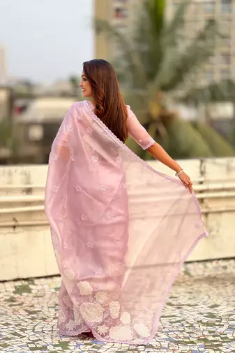 Lavender oris silk blend lotus embroidered fancy saree