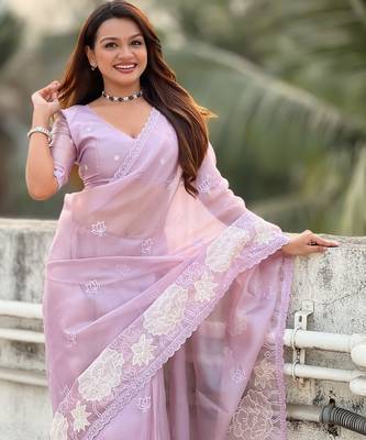 Lavender oris silk blend lotus embroidered fancy saree 3