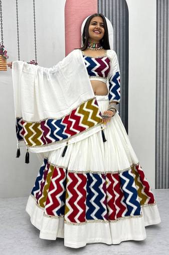 White Color Plain Navratri Cotton Lahenga Choli Set
