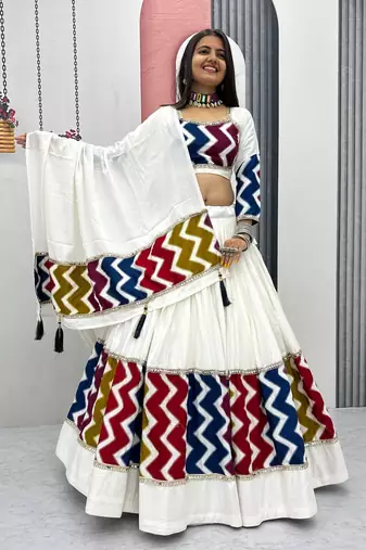 White Color Plain Navratri Cotton Lahenga Choli Set