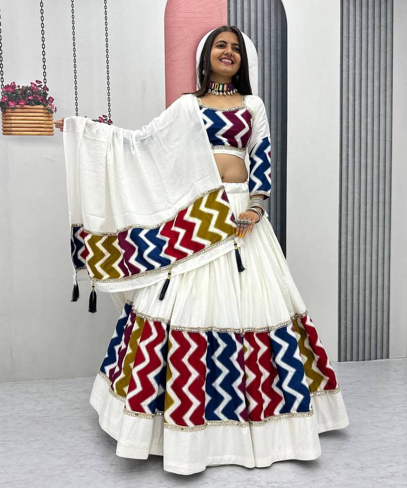 White Color Plain Navratri Cotton Lahenga Choli Set