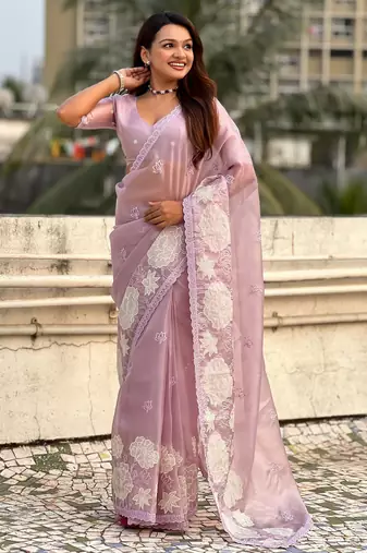 Lavender oris silk blend lotus embroidered fancy saree