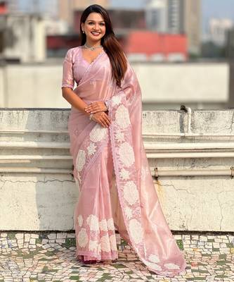 Pink oris silk blend lotus embroidered fancy saree 1