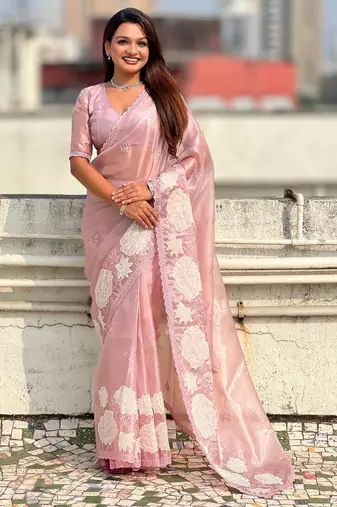 Pink color oris silk fabric lotus embroidered beautiful fancy saree