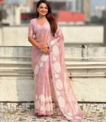 Pink color oris silk fabric lotus embroidered beautiful fancy saree