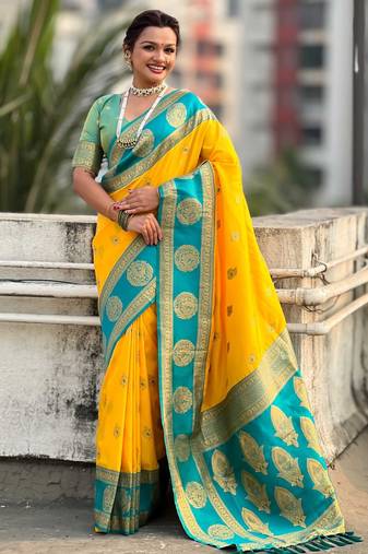 Yellow woven zari traditional motifs work silk blend   
