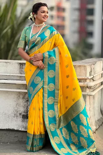 Yellow woven zari traditional motifs work silk blend   