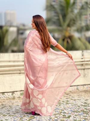 Pink oris silk blend lotus embroidered fancy saree 2