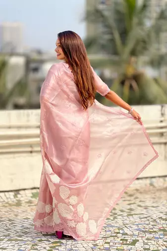 Pink oris silk blend lotus embroidered fancy saree