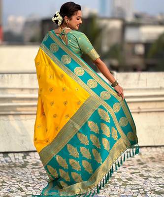 Yellow woven zari traditional motifs work silk blend    3
