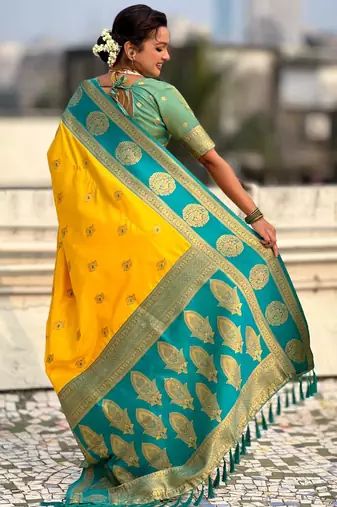 Yellow woven zari traditional motifs work silk blend   