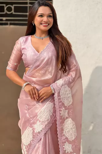 Pink oris silk blend lotus embroidered fancy saree