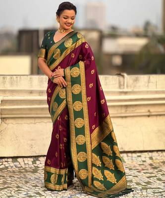 Wine woven zari traditional motifs work silk blend    1