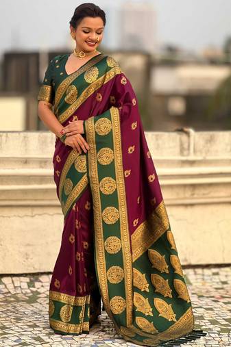 Wine woven zari traditional motifs work silk blend fabric traditional festive style