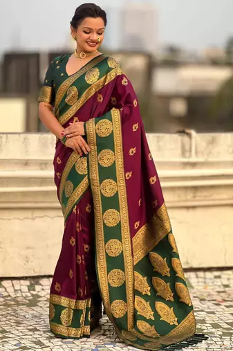 Wine woven zari traditional motifs work silk blend   