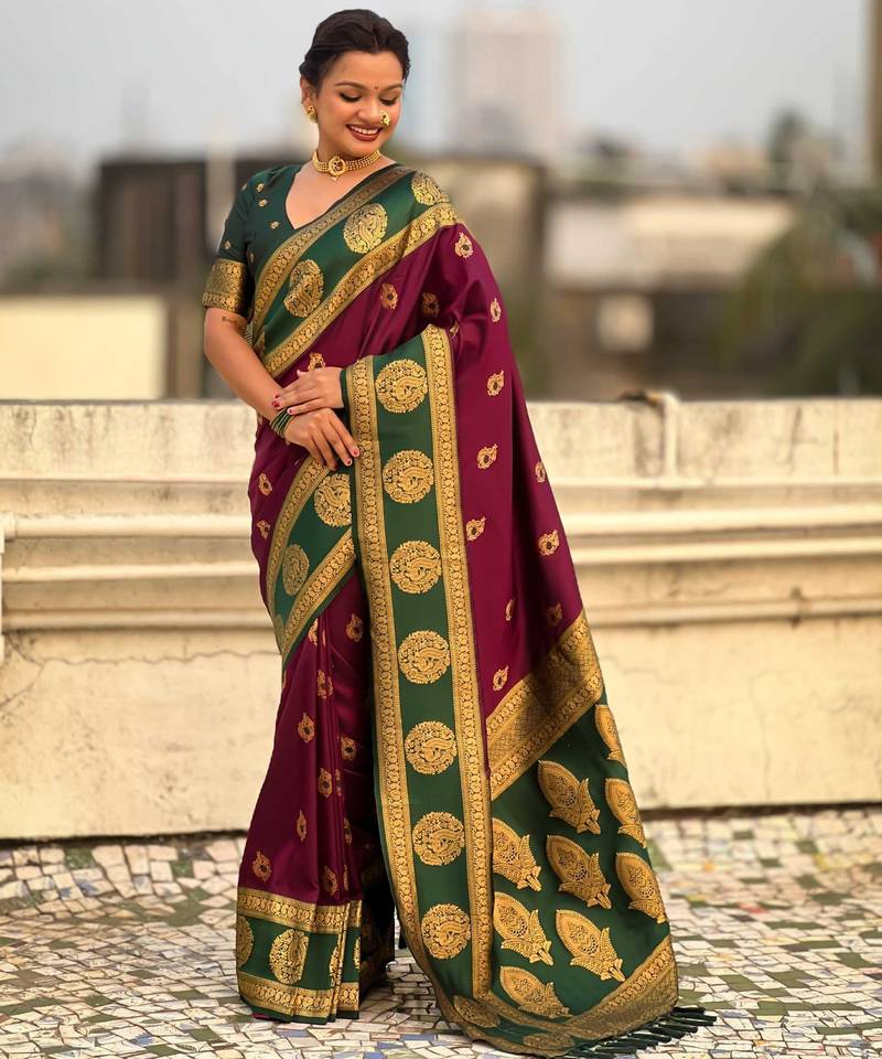 Wine woven zari traditional motifs work silk blend   