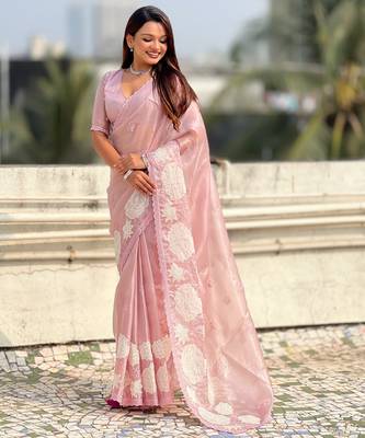 Pink oris silk blend lotus embroidered fancy saree 4