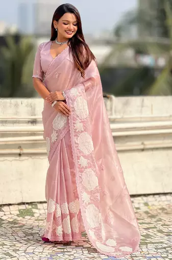 Pink oris silk blend lotus embroidered fancy saree