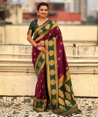 Wine woven zari traditional motifs work silk blend    2