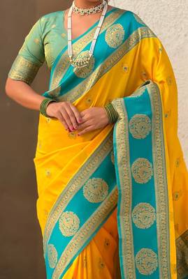 Yellow woven zari traditional motifs work silk blend    5