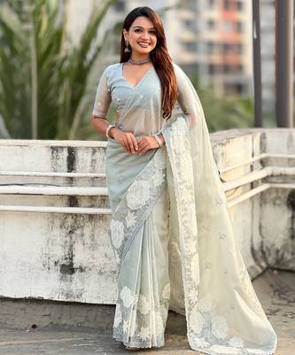 Sky blue oris silk blend lotus embroidered fancy saree 1