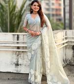 Sky blue color oris silk fabric lotus embroidered beautiful fancy saree